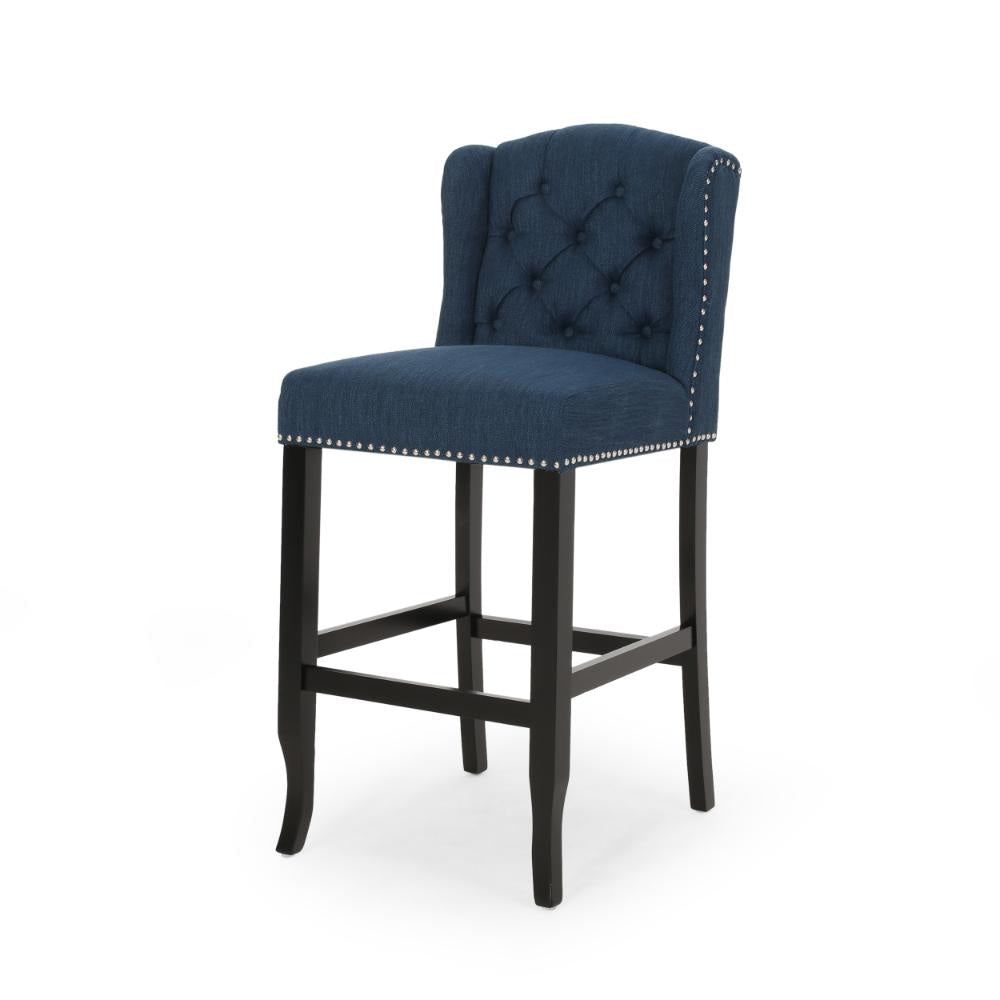 Seliva Barstool Chair Set of 2 Navy Blue Fabric Tufted Back Brown Wood