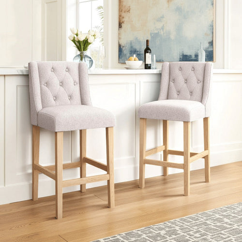 Seliva Barstool Chair Set of 2, Beige Fabric, Tufted Back, Brown Rubberwood