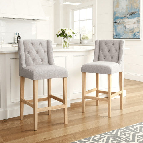Seliva Counter Stool Chair Set of 2, Light Gray Fabric, Tufted, Brown Wood