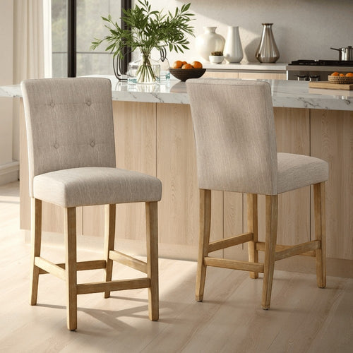 Sika Counter Stool Chair Set of 2, Button Tufted Back, Beige