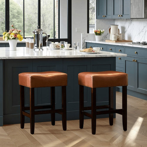 Piya Counter Stool Set of 2, Backless, Brown Bonded Leather, Black Legs