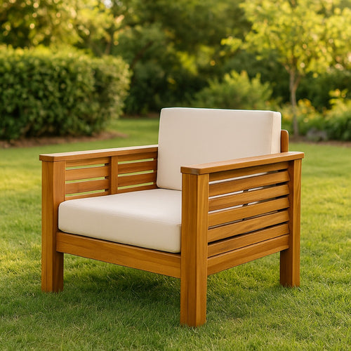 Siyal Outdoor Accent Chair Set of 2, Soft Beige, Acacia Wood