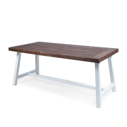 Nikay Outdoor Dining Table, Dark Brown Acacia Wood, White Iron, 71 Inch