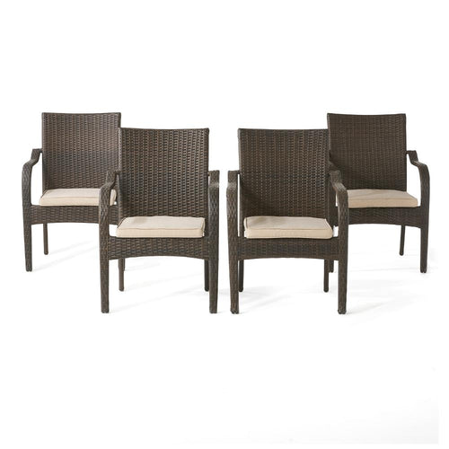 Laila Outdoor Stackable Dining Chair Set of 4, Beige Seat Brown Rattan