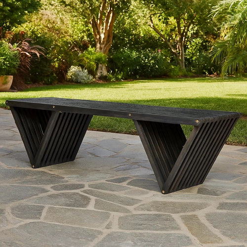 Riah Outdoor Bench, Slat Design, Angled 63" Dark Gray Wood