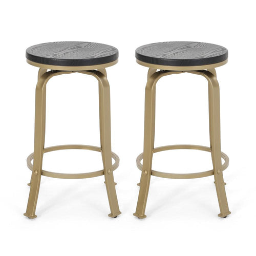 Andie Swivel Counter Stool, Black Faux Wood, Compact Gold Iron Frame