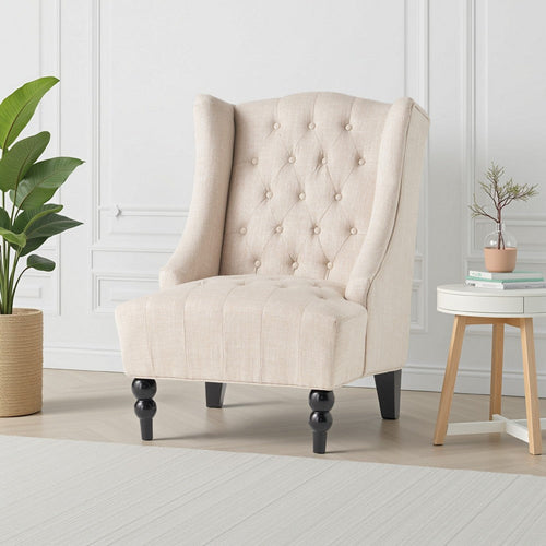 Club Chair, High Wingback, Birch Wood Legs, Beige Button Tufted Fabric