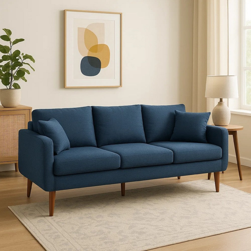 Nate Sofa, 2 Accent Pillow, 77" Birch Wood, Navy Blue Fabric