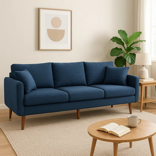 Nate Sofa with 2 Accent Pillows, 77 Inch Birch Wood, Navy Blue Fabric