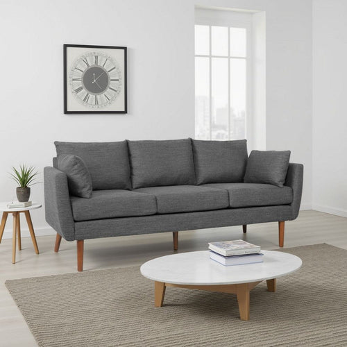 Nate Sofa with 2 Accent Pillows, 77 Inch Birch Wood, Charcoal Gray