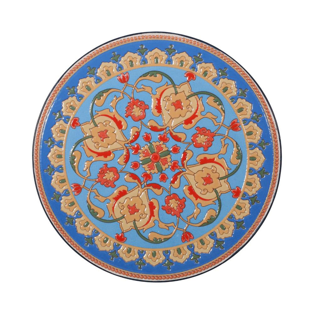 Riki Side End Table 14 Inch Mosaic Tile Rattan Top Dark Blue Lace Cut Metal