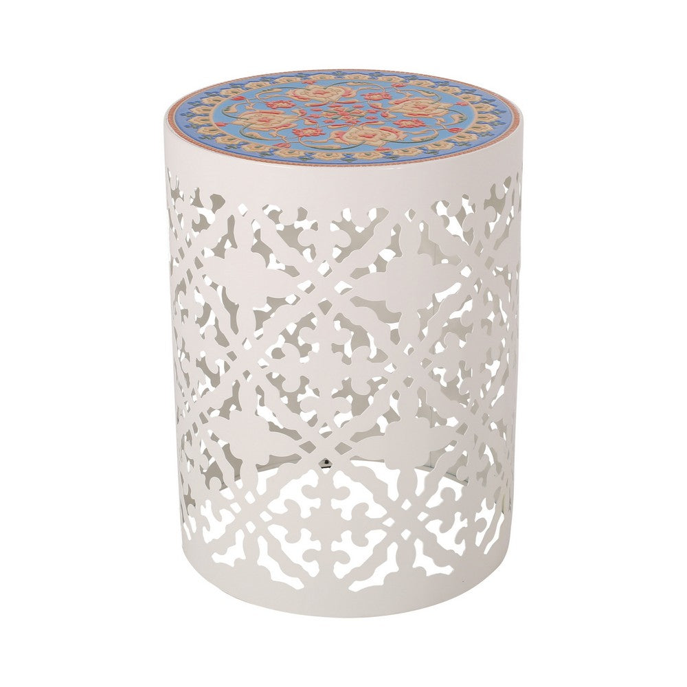 Riki Side End Table, 14", Mosaic Tile Rattan, White Metal