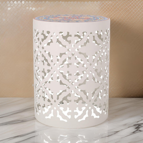 Riki Side End Table, 14", Mosaic Tile Rattan, White Metal