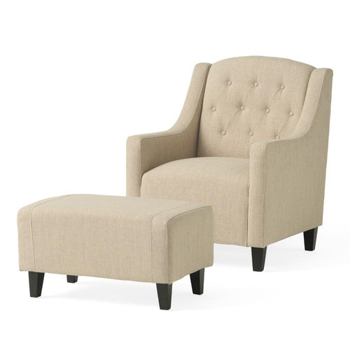 Accent Armchair and Ottoman Set, Button Tufted Wingback, Beige Fabric