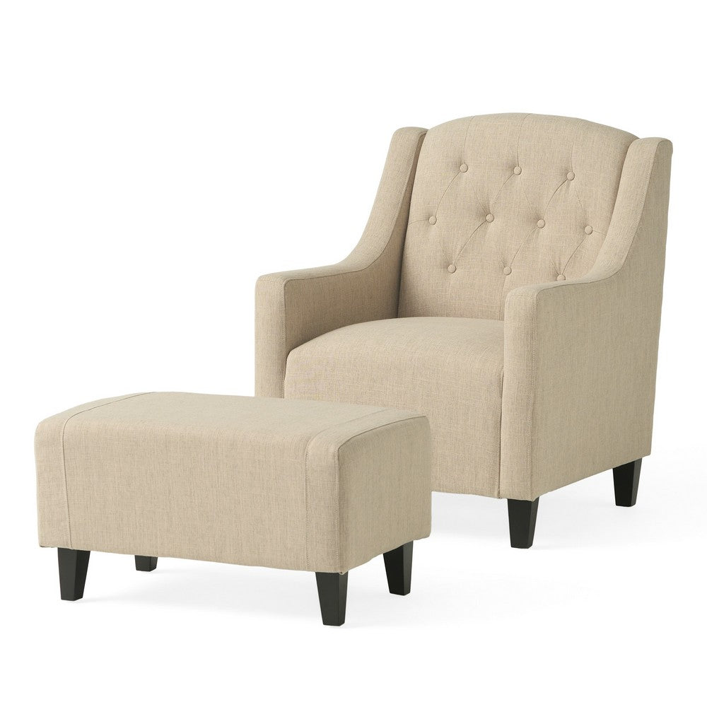 Accent Armchair and Ottoman Set, Tufted Beige Fabric