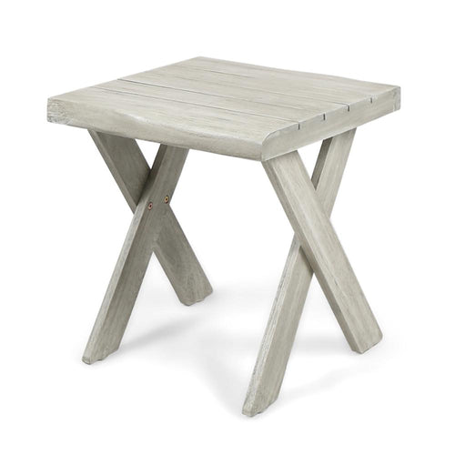Outdoor Side End Table, 18 Inch Sandblasted Teak, Gray Acacia Wood