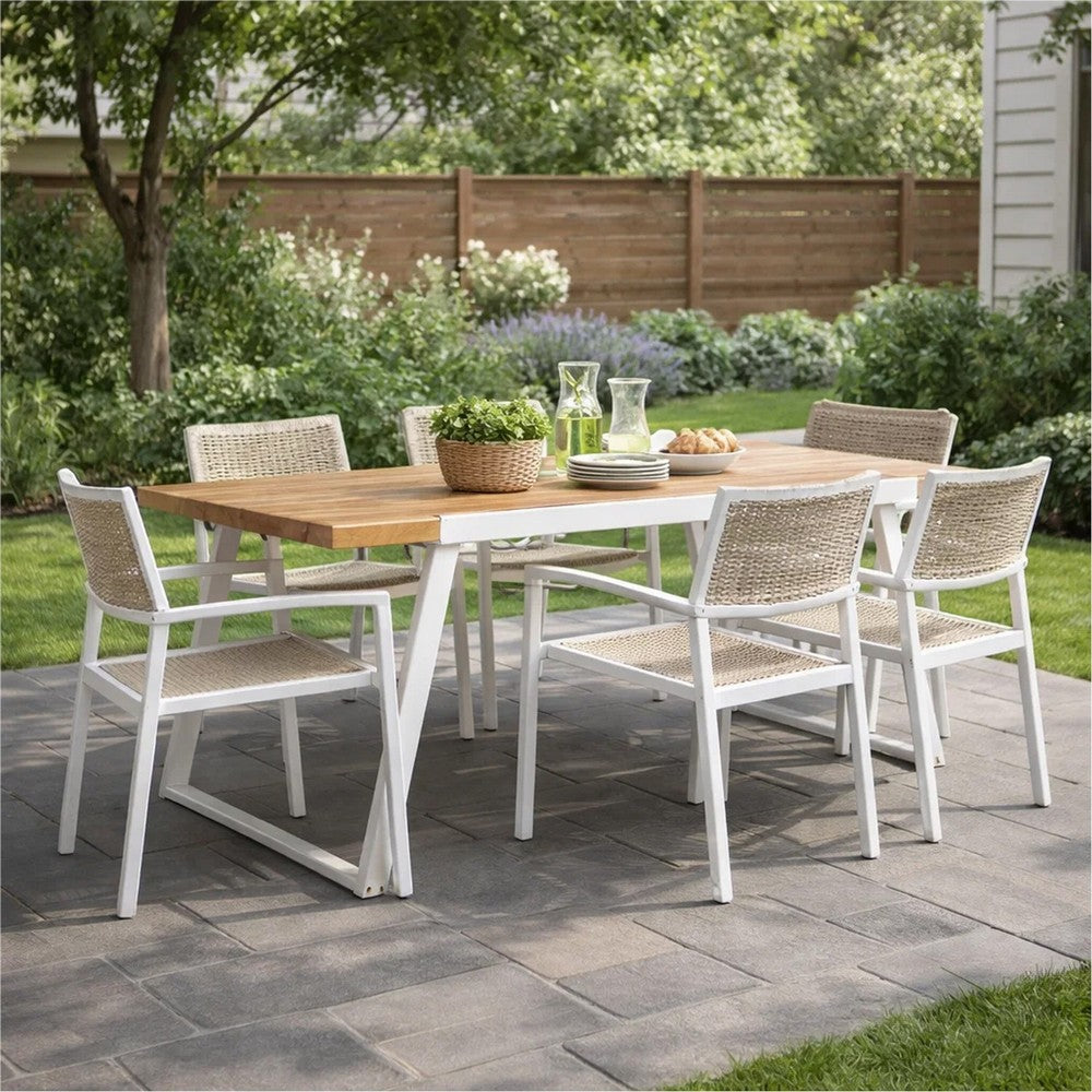 Outdoor Dining Table, White Sled Base, 71" Acacia Wood