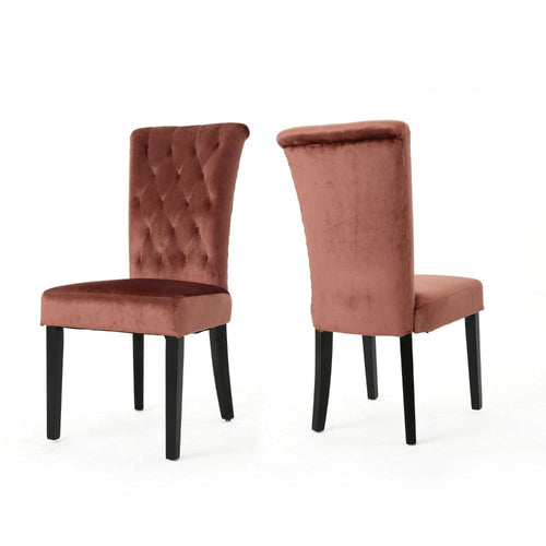 Chary Dining Chair Set of 2, Brown Wood, Blush Pink Tufted Velvet