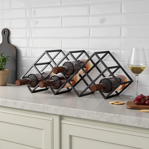 Wine Rack, Diamond Slots, 24" Compact Design, Black Iron