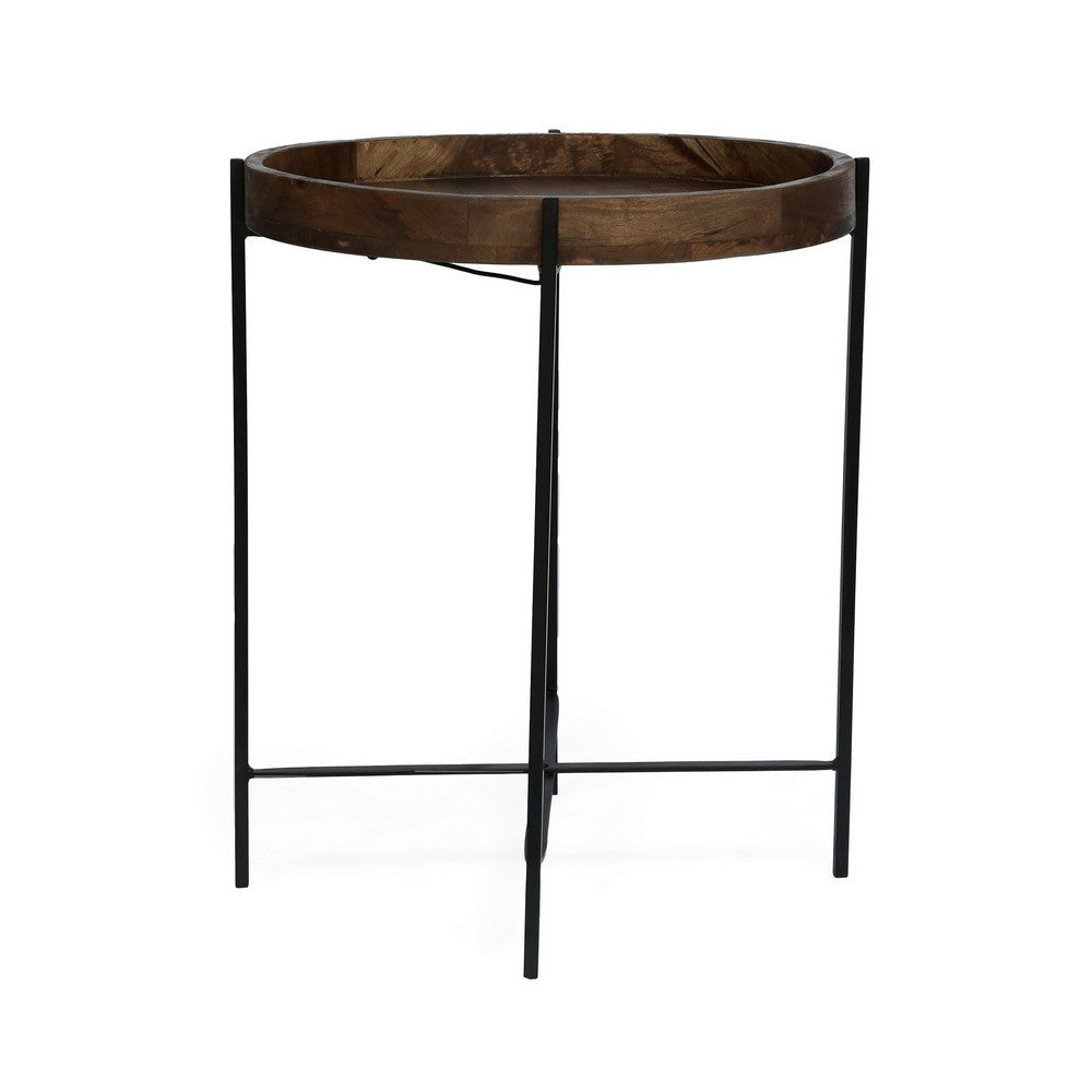 Peo Modern Side End Table 22 Inch Round Wood Tray Black Metal Base BM323749