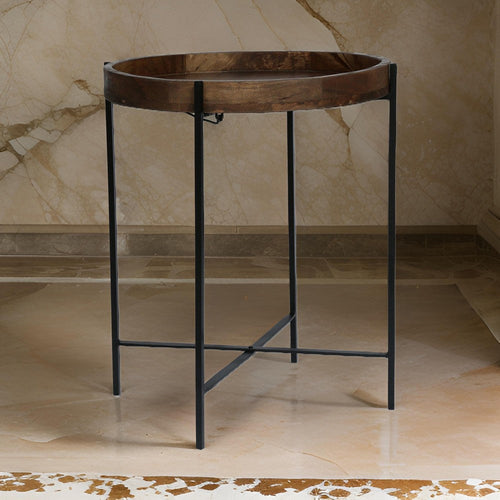 Peo Modern Side End Table, 22 Inch Round Wood Tray, Black Metal Base