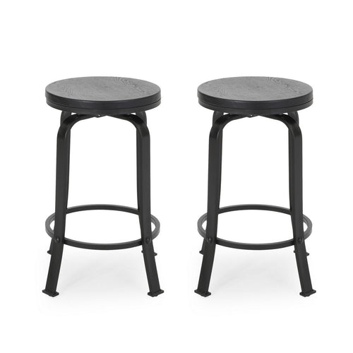 Lni Swivel Counter Stool Set of 2, Faux Wood Seat, Black