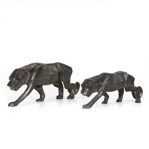 Tabletop Leopard Figurine Set of 2, Textured Finish, Black Aluminium