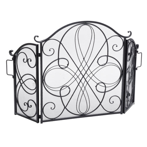 Fireplace Screen, 3 Panel 57" Scrolled Mesh Black Iron