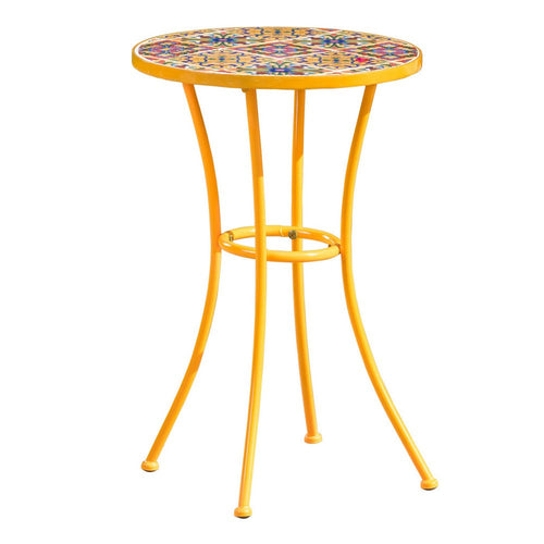 Outdoor Side End Table, 14 Inch Round Yellow Ceramic Tile, Orange Iron