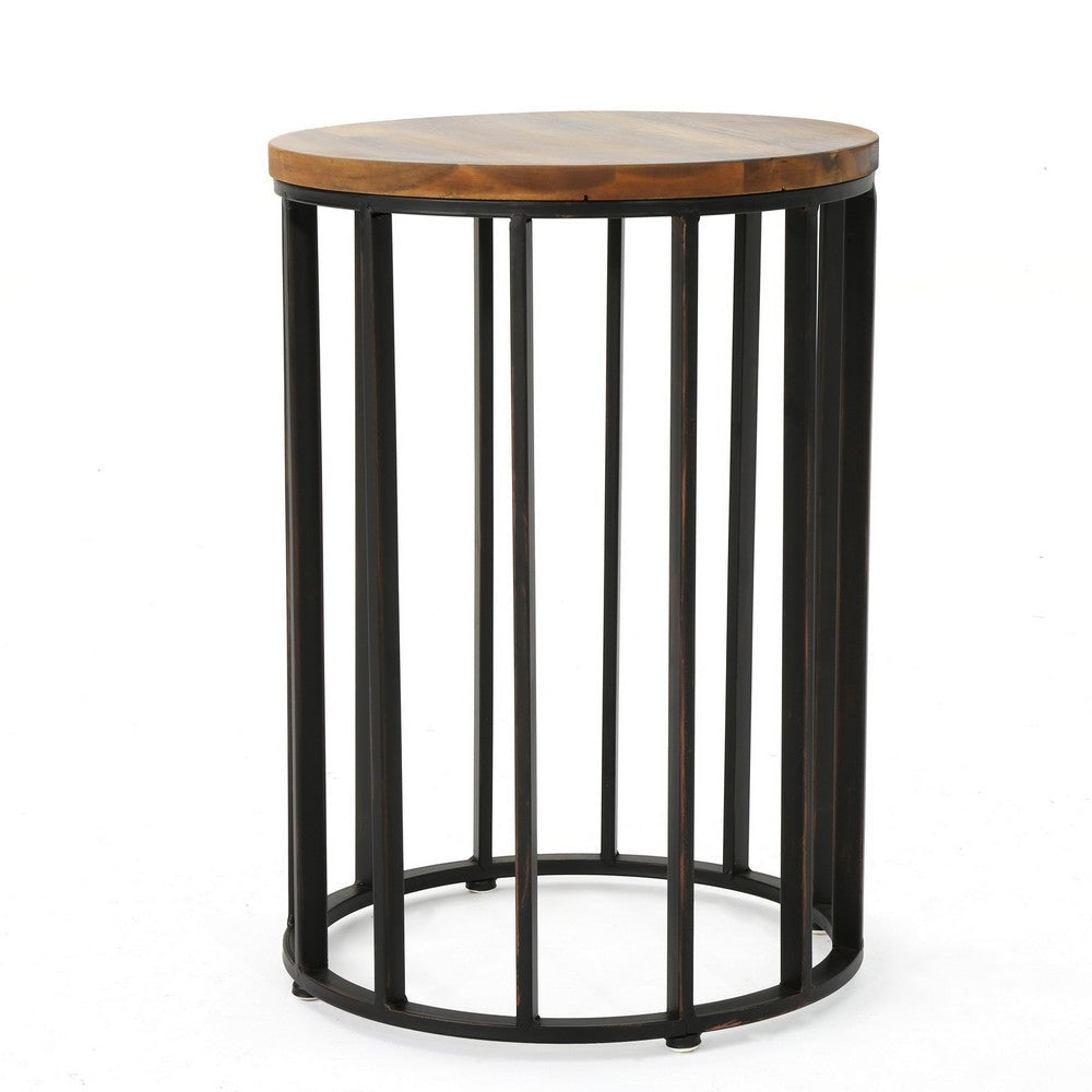 Outdoor Side End Table 15 Inch Round Brown Wood Top Black Iron Frame BM323867
