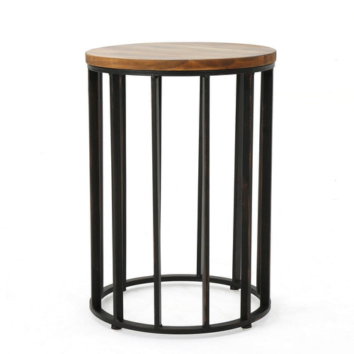 Outdoor Side End Table, 15 Inch Round Brown Wood Top, Black Iron Frame