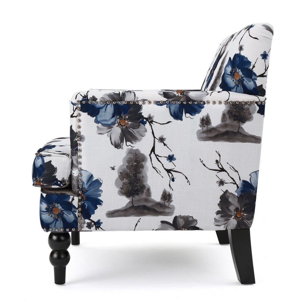 Lit Accent Chair Button Tufted Floral White Blue Print Multicolor BM323877