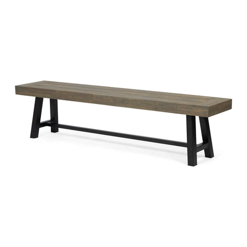 Leslee Outdoor Dining Bench, 74 Inch, Black Trestle Legs, Gray Wood
