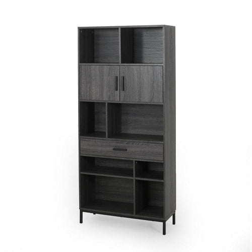 Eby Cube Bookcase, 6 Storage Spaces, Drawer, Cabinet 67 Inch Dark Gray