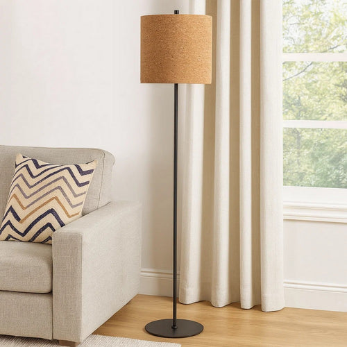 Plue 63 Inch Floor Lamp, Black Pole w Round Base, Cork Drum Shade