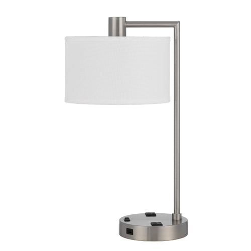 Ano Table Lamp, 2 Outlets, 1 USB, White Shade, Chrome Metal 22 Inch