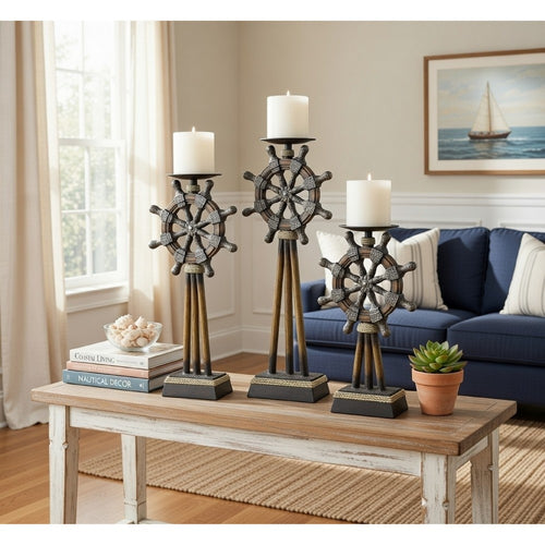 Capi 3pc Candle Holder Set w Candles, Bronze Wheel Shape, Solid Base