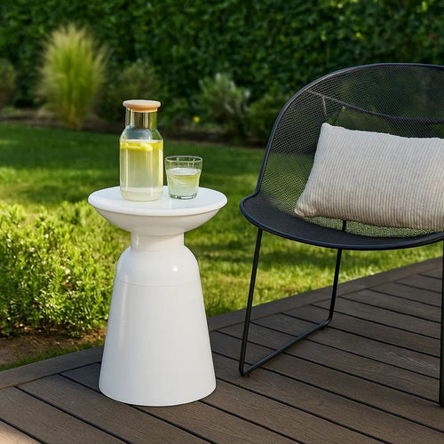 Suma Outdoor End Table, Round 15 Inch Top, Pedestal Base, White Iron