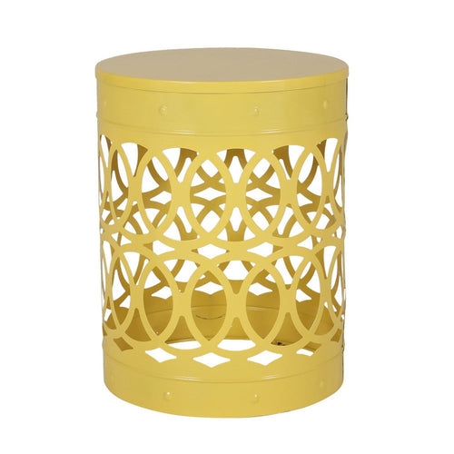 Kemo Outdoor End Table, Round 14 Inch, Cutout Design, Yellow Frame