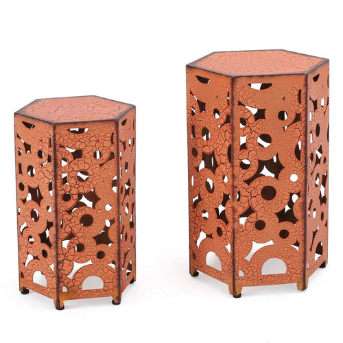 Silva Accent Table Set of 2, Hexagonal Top, Cut Pattern, Orange Iron