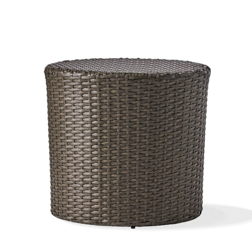 Olum Outdoor Side Table, Barrel Shape, Gray PE Rattan, 18"