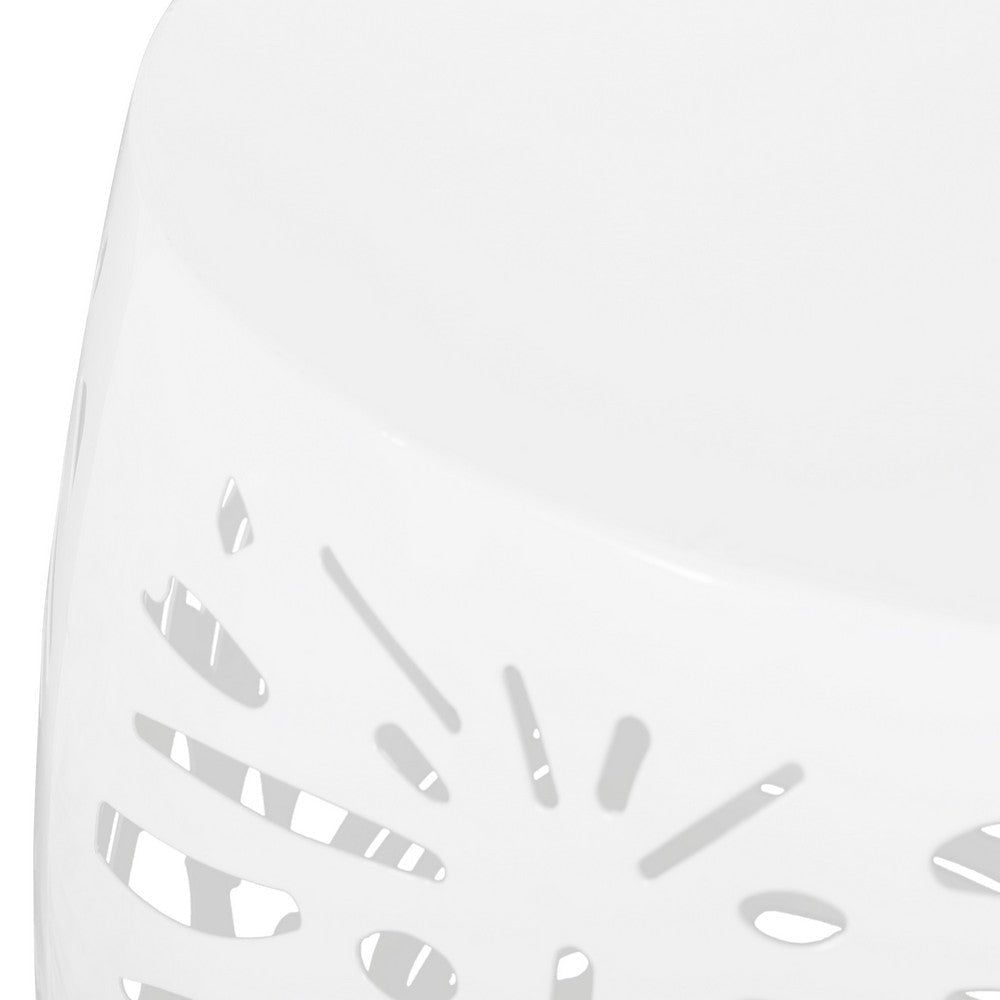 Miami Outdoor End Table Stool Palm Leaf Pattern White Iron 17 Inch