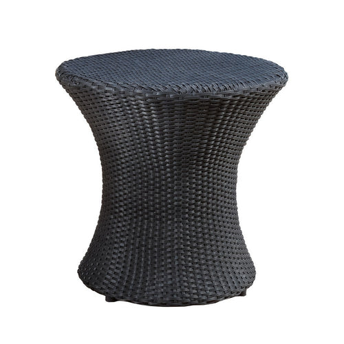Loco Outdoor Side Table, Hourglass Shape, Round 20 Inch, Black Rattan