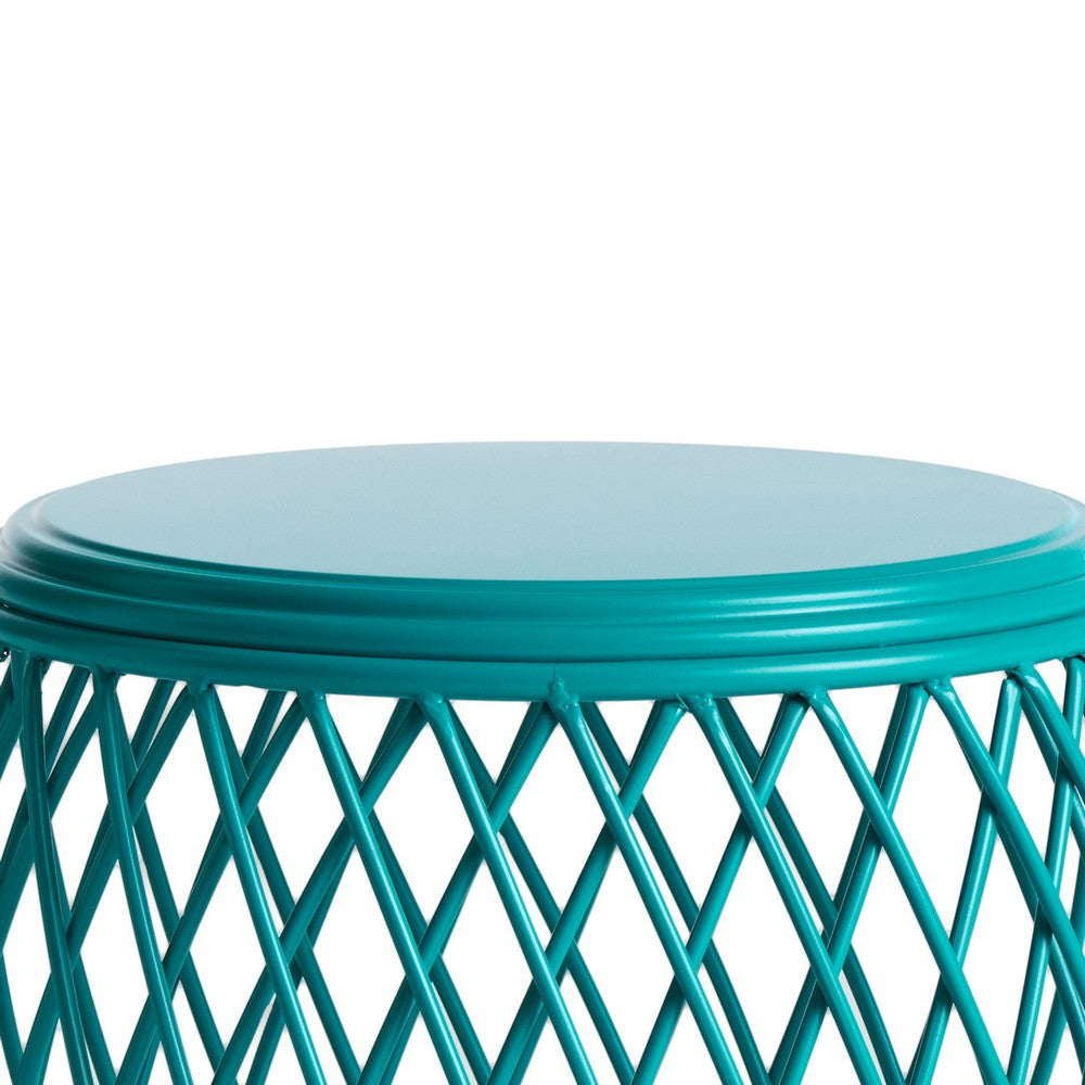 Jime 20 Inch Outdoor Table Barrel Lattice Design Teal Green Metal BM324209