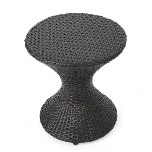 Deno Patio Side End Table, 16 Inch Iron, Hourglass Shape, Brown Wicker
