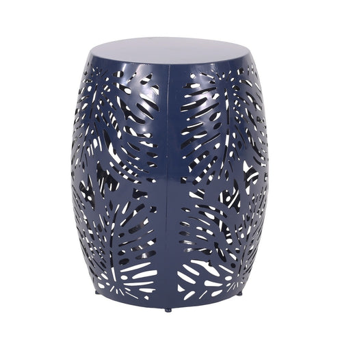 Yena Outdoor Side End Table, 17" Navy Blue Barrel Cut Pattern Design