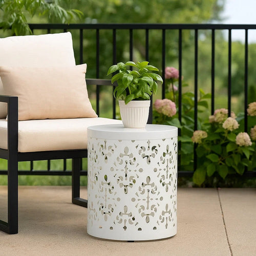 Kima Outdoor Side End Table, 14 Inch Round Floral Cutout Design, White