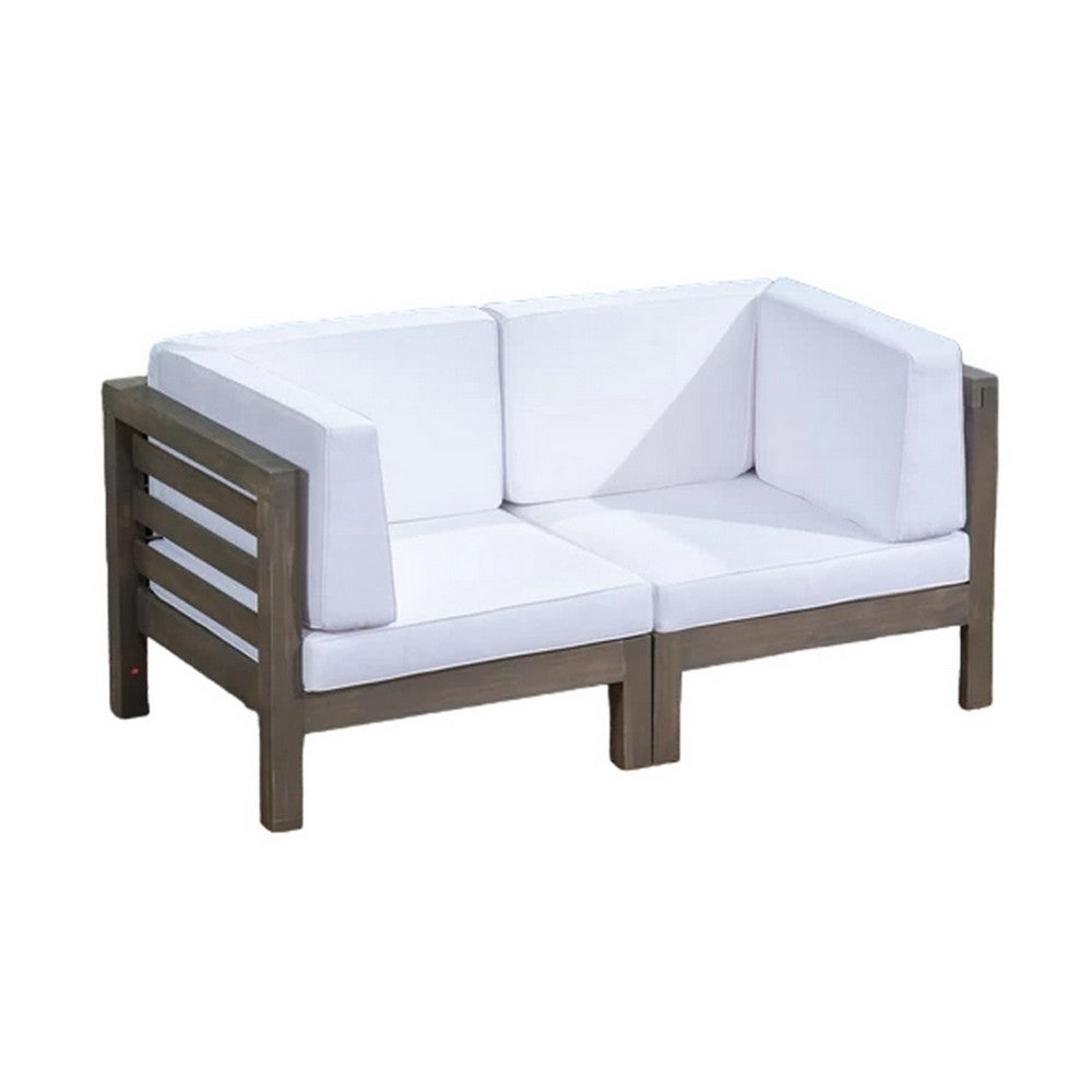 Ony Outdoor Loveseat, Detachable Acacia Wood Chairs, White Cushions