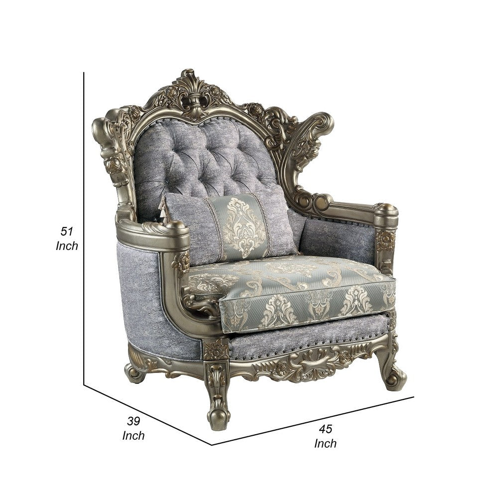 Royale Accent Chair 1 Pillow Gray Fabric Antique Bronze Wood Frame BM324332