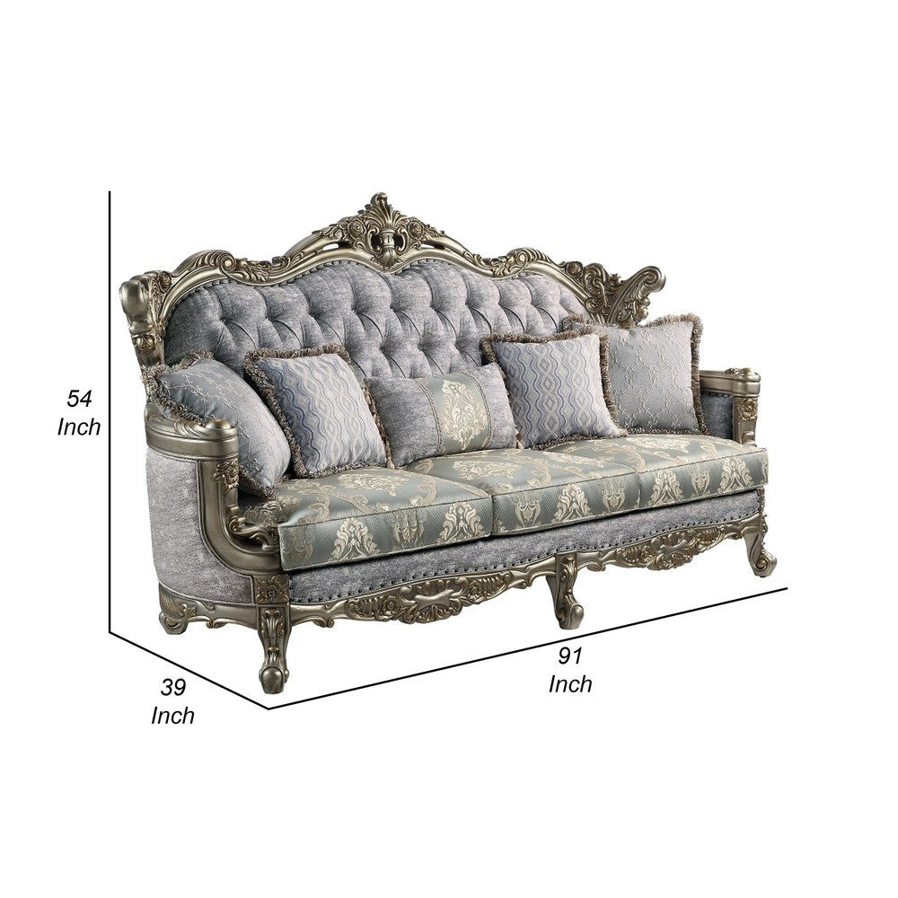 Royale Sofa 5 Accent Pillows Gray Fabric Antique Bronze Wood 91’’ BM324334